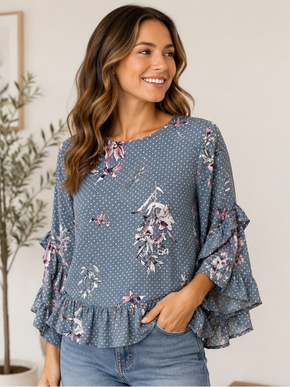 Paper Crane Gray Floral Polka Dot Ruffle Hem Blouse Medium